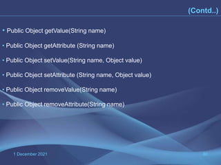 1 December 2021 80
• Public Object getValue(String name)
• Public Object getAttribute (String name)
• Public Object setValue(String name, Object value)
• Public Object setAttribute (String name, Object value)
• Public Object removeValue(String name)
• Public Object removeAttribute(String name)
(Contd..)
 