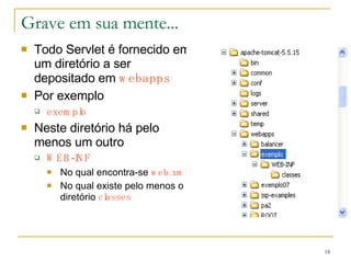 Grave em sua mente... Todo Servlet é fornecido em um diretório a ser depositado em  webapps Por exemplo exemplo Neste diretório há pelo menos um outro WEB-INF No qual encontra-se  web.xml No qual existe pelo menos o diretório  classes 