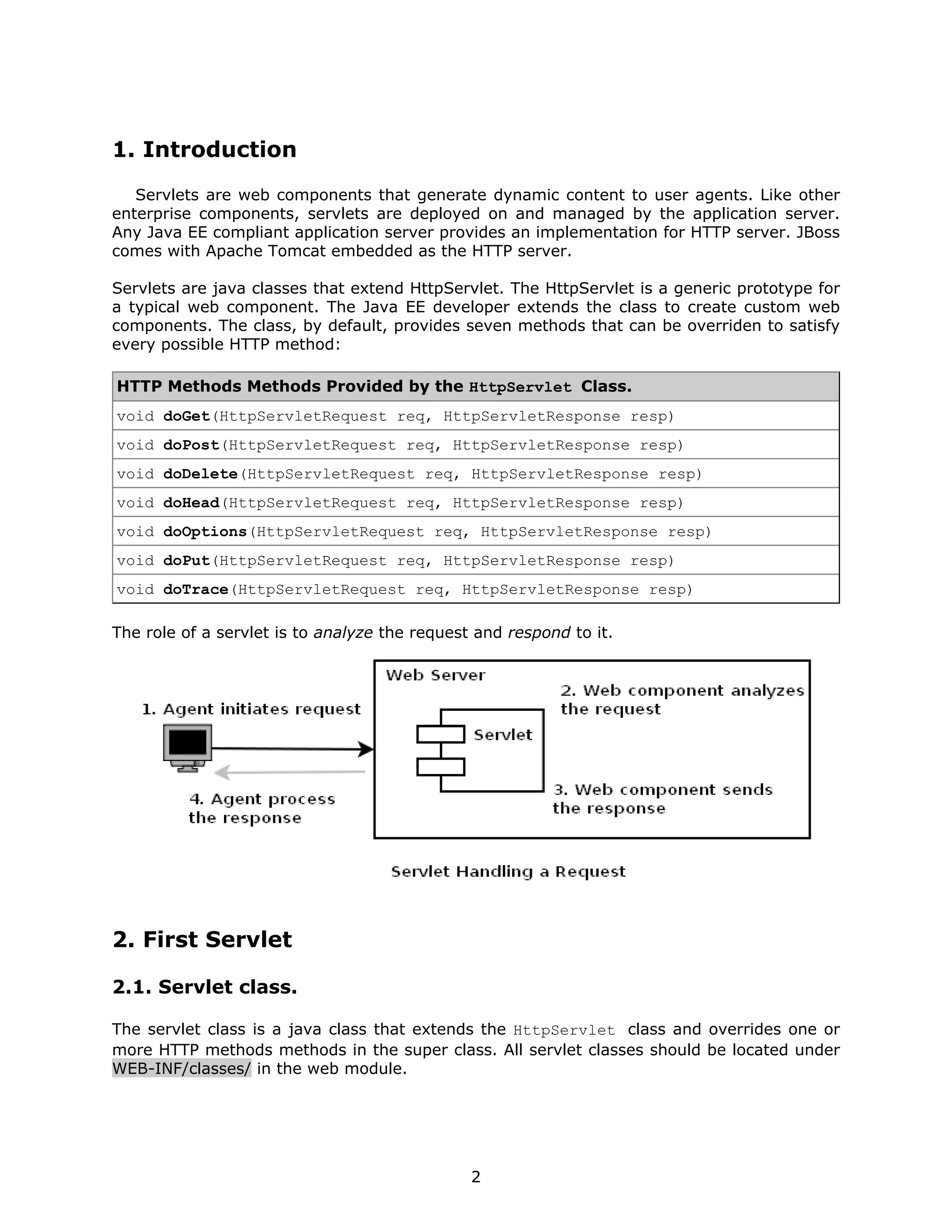 1. Introduction
   Servlets are web components that generate dynamic content to user agents. Like other
enterprise components, servlets are deployed on and managed by the application server.
Any Java EE compliant application server provides an implementation for HTTP server. JBoss
comes with Apache Tomcat embedded as the HTTP server.

Servlets are java classes that extend HttpServlet. The HttpServlet is a generic prototype for
a typical web component. The Java EE developer extends the class to create custom web
components. The class, by default, provides seven methods that can be overriden to satisfy
every possible HTTP method:

HTTP Methods Methods Provided by the HttpServlet Class.
void doGet(HttpServletRequest req, HttpServletResponse resp)
void doPost(HttpServletRequest req, HttpServletResponse resp)
void doDelete(HttpServletRequest req, HttpServletResponse resp)
void doHead(HttpServletRequest req, HttpServletResponse resp)
void doOptions(HttpServletRequest req, HttpServletResponse resp)
void doPut(HttpServletRequest req, HttpServletResponse resp)
void doTrace(HttpServletRequest req, HttpServletResponse resp)

The role of a servlet is to analyze the request and respond to it.




2. First Servlet

2.1. Servlet class.

The servlet class is a java class that extends the HttpServlet class and overrides one or
more HTTP methods methods in the super class. All servlet classes should be located under
WEB-INF/classes/ in the web module.




                                               2
 