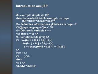 Introduction aux JSP Un exemple simple de JSP <html><head><title>Un exemple de page JSP</title></head><body> <!-- définit les informations globales a la page --> <%@page language="java" %> <!-- Déclare la variable c --> <%! char c = 0; %> <!-- Scriplet (code java) %> <%  for(int i = 0; i < 26; i++){ for(int j = 0; j < 26; j++){ c = (char)(0x41 + (26 - i + j)%26); %> <%= c %> <%  } %> <br> <% } %> </body></html> 