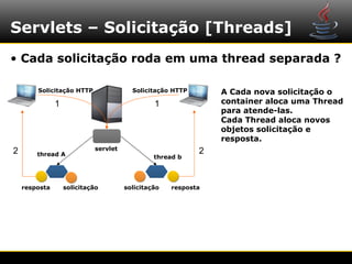Servlets – Solicitação [Threads]
• Cada solicitação roda em uma thread separada ?

        Solicitação HTTP                Solicitação HTTP       A Cada nova solicitação o
               1                               1               container aloca uma Thread
                                                               para atende-las.
                                                               Cada Thread aloca novos
                                                               objetos solicitação e
                                                               resposta.
                            servlet
2       thread A                                           2
                                               thread b




    resposta       solicitação        solicitação   resposta
 