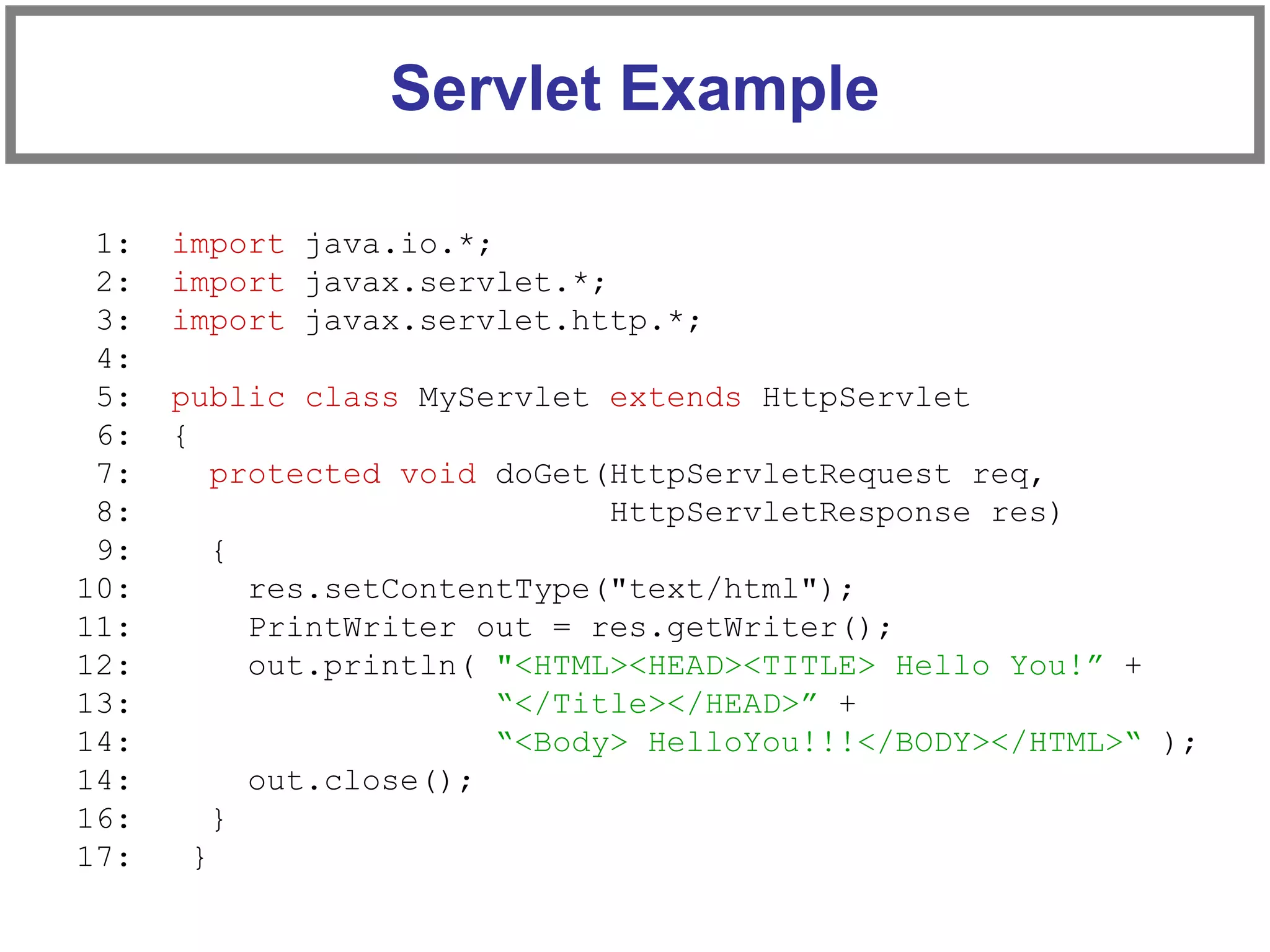 Servlet Example
1: import java.io.*;
2: import javax.servlet.*;
3: import javax.servlet.http.*;
4:
5: public class MyServlet extends HttpServlet
6: {
7: protected void doGet(HttpServletRequest req,
8: HttpServletResponse res)
9: {
10: res.setContentType("text/html");
11: PrintWriter out = res.getWriter();
12: out.println( "<HTML><HEAD><TITLE> Hello You!” +
13: “</Title></HEAD>” +
14: “<Body> HelloYou!!!</BODY></HTML>“ );
14: out.close();
16: }
17: }
 