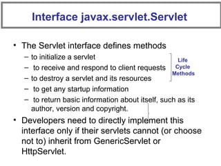 Interface javax.servlet.Servlet
• The Servlet interface defines methods
– to initialize a servlet
– to receive and respond to client requests
– to destroy a servlet and its resources
– to get any startup information
– to return basic information about itself, such as its
author, version and copyright.
• Developers need to directly implement this
interface only if their servlets cannot (or choose
not to) inherit from GenericServlet or
HttpServlet.
Life
Cycle
Methods
 