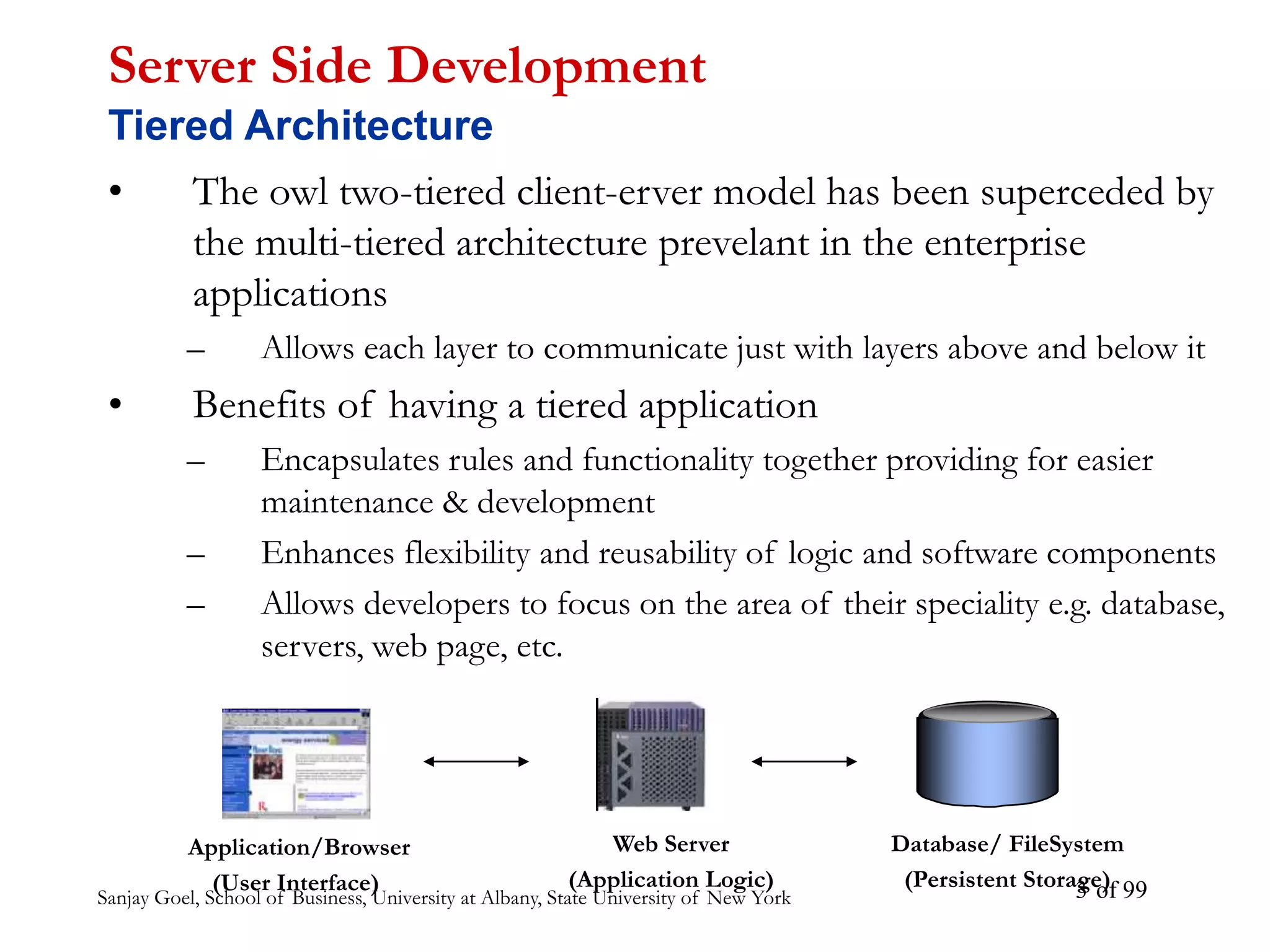 Sanjay Goel, School of Business, University at Albany, State University of New York of 99
3
• The owl two-tiered client-erver model has been superceded by
the multi-tiered architecture prevelant in the enterprise
applications
– Allows each layer to communicate just with layers above and below it
• Benefits of having a tiered application
– Encapsulates rules and functionality together providing for easier
maintenance & development
– Enhances flexibility and reusability of logic and software components
– Allows developers to focus on the area of their speciality e.g. database,
servers, web page, etc.
Server Side Development
Tiered Architecture
Web Server
(Application Logic)
Database/ FileSystem
(Persistent Storage)
Application/Browser
(User Interface)
 