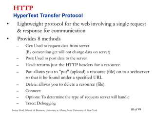Sanjay Goel, School of Business, University at Albany, State University of New York of 99
10
• Lightweight protocol for the web involving a single request
& response for communication
• Provides 8 methods
– Get: Used to request data from server
(By convention get will not change data on server)
– Post: Used to post data to the server
– Head: returns just the HTTP headers for a resource.
– Put: allows you to "put" (upload) a resource (file) on to a webserver
so that it be found under a specified URI.
– Delete: allows you to delete a resource (file).
– Connect:
– Options: To determine the type of requests server will handle
– Trace: Debugging
HTTP
HyperText Transfer Protocol
 