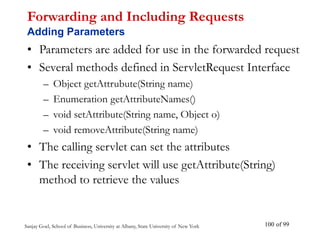 Sanjay Goel, School of Business, University at Albany, State University of New York of 99
100
Forwarding and Including Requests
Adding Parameters
• Parameters are added for use in the forwarded request
• Several methods defined in ServletRequest Interface
– Object getAttrubute(String name)
– Enumeration getAttributeNames()
– void setAttribute(String name, Object o)
– void removeAttribute(String name)
• The calling servlet can set the attributes
• The receiving servlet will use getAttribute(String)
method to retrieve the values
 