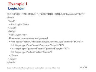 Sanjay Goel, School of Business, University at Albany, State University of New York of 99
48
<!DOCTYPE HTML PUBLIC "-//W3C//DTD HTML 4.01 Transitional//EN">
<html>
<head>
<title>Login</title>
</head>
<body>
<h1>Login</h1>
Please enter your username and password
<form action="servlet/edu.albany.mis.goel.servlets.Login" method="POST">
<p><input type="text" name="username" length="40">
<p><input type="password" name="password" length="40">
<p><input type="submit" value="Submit">
</form>
</body>
</html>
Example 1
Login.html
 