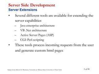 Sanjay Goel, School of Business, University at Albany, State University of New York of 99
5
• Several different tools are available for extending the
server capabilities
– Java enterprise architecture
– VB .Net architecture
– Active Server Pages (ASP)
– CGI-Perl scripting
• These tools process incoming requests from the user
and generate custom html pages
Server Side Development
Server Extensions
 