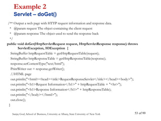 Sanjay Goel, School of Business, University at Albany, State University of New York of 99
53
/** Output a web page with HTTP request information and response data.
* @param request The object containing the client request
* @param response The object used to send the response back
*/
public void doGet(HttpServletRequest request, HttpServletResponse response) throws
ServletException, IOException {
StringBuffer httpRequestTable = getHttpRequestTable(request);
StringBuffer httpResponseTable = getHttpResponseTable(response);
response.setContentType("text/html");
PrintWriter out = response.getWriter();
//HTML page
out.println("<html><head><title>RequestResponseServlet</title></head><body>");
out.println("<h1>Request Information</h1>" + httpRequestTable + "<hr>");
out.println("<h1>Response Information</h1>" + httpResponseTable);
out.println("</body></html>");
out.close();
}
Example 2
Servlet – doGet()
 