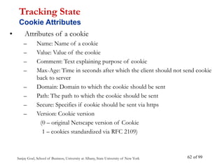 Sanjay Goel, School of Business, University at Albany, State University of New York of 99
62
• Attributes of a cookie
– Name: Name of a cookie
– Value: Value of the cookie
– Comment: Text explaining purpose of cookie
– Max-Age: Time in seconds after which the client should not send cookie
back to server
– Domain: Domain to which the cookie should be sent
– Path: The path to which the cookie should be sent
– Secure: Specifies if cookie should be sent via https
– Version: Cookie version
(0 – original Netscape version of Cookie
1 – cookies standardized via RFC 2109)
Tracking State
Cookie Attributes
 