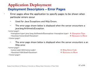 Sanjay Goel, School of Business, University at Albany, State University of New York of 99
87
• Error pages allow the application to specify pages to be shown when
particular errors occur
– Used for Java Exceptions and Http Errors.
– The error page shown below is displayed when the server encounters a
java.lang.ArithmeticException.
<error-page>
<exception-type> java.lang.ArithmeticExceception </exception-type>  Exception Type
<location>/error.html</location>  Resource to Show
</error-page>
– The error page shown below is displayed when the server encounters a an
Http error
<error-page>
<error-code>404</error-code>  Http Error Code
<location>/404.html</location>  Resource to Show
</error-page>
Application Deployment
Deployment Descriptors – Error Pages
 
