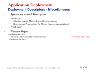 Sanjay Goel, School of Business, University at Albany, State University of New York of 99
88
• Application Name & Description
<web-app>
<display-name> Music Store</display-name>
<description>Application for Music Rentals</description>
</web-app>
• Welcome Pages
<welcome-file-list>
<welcome-file>index.html</welcome-file>  Welcome File URL
</welcome-file-list>
Application Deployment
Deployment Descriptors - Miscellaneous
 