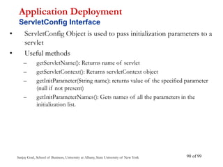 Sanjay Goel, School of Business, University at Albany, State University of New York of 99
90
• ServletConfig Object is used to pass initialization parameters to a
servlet
• Useful methods
– getServletName(): Returns name of servlet
– getServletContext(): Returns servletContext object
– getInitParameter(String name): returns value of the specified parameter
(null if not present)
– getInitParameterNames(): Gets names of all the parameters in the
initialization list.
Application Deployment
ServletConfig Interface
 