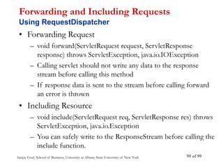 Sanjay Goel, School of Business, University at Albany, State University of New York of 99
99
Forwarding and Including Requests
Using RequestDispatcher
• Forwarding Request
– void forward(ServletRequest request, ServletResponse
response) throws ServletException, java.io.IOException
– Calling servlet should not write any data to the response
stream before calling this method
– If response data is sent to the stream before calling forward
an error is thrown
• Including Resource
– void include(ServletRequest req, ServletResponse res) throws
ServletException, java.io.Exception
– You can safely write to the ResponseStream before calling the
include function.
 
