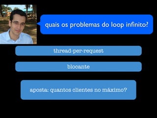 quais os problemas do loop inﬁnito?


        thread-per-request

             blocante



aposta: quantos clientes no máximo?
 