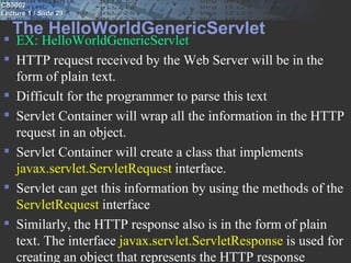 CS3002
Lecture 1 / Slide 29

   The HelloWorldGenericServlet
 EX: HelloWorldGenericServlet
 HTTP request received by the Web Server will be in the
  form of plain text.
 Difficult for the programmer to parse this text
 Servlet Container will wrap all the information in the HTTP
  request in an object.
 Servlet Container will create a class that implements
  javax.servlet.ServletRequest interface.
 Servlet can get this information by using the methods of the
  ServletRequest interface
 Similarly, the HTTP response also is in the form of plain
  text. The interface javax.servlet.ServletResponse is used for
  creating an object that represents the HTTP response
 