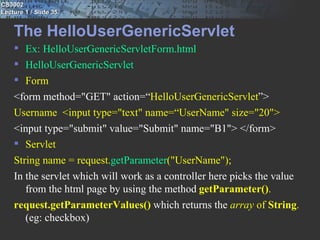 CS3002
Lecture 1 / Slide 35


    The HelloUserGenericServlet
     Ex: HelloUserGenericServletForm.html
     HelloUserGenericServlet
     Form
    <form method="GET" action=“HelloUserGenericServlet”>
    Username  <input type="text" name=“UserName" size="20">
    <input type="submit" value="Submit" name="B1"> </form>
     Servlet
    String name = request.getParameter("UserName");
    In the servlet which will work as a controller here picks the value
       from the html page by using the method getParameter().
    request.getParameterValues() which returns the array of String.
       (eg: checkbox)
 