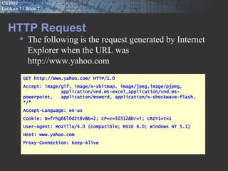 CS3002
Lecture 1 / Slide 7



   HTTP Request
         The following is the request generated by Internet
          Explorer when the URL was
          http://www.yahoo.com
          GET http://www.yahoo.com/ HTTP/1.0
          Accept: image/gif, image/x-xbitmap, image/jpeg,image/pjpeg,
                        application/vnd.ms-excel,application/vnd.ms-
          powerpoint,   application/msword, application/x-shockwave-flash,
          */*
          Accept-Language: en-us
          Cookie: B=frhg66l0d2t8v&b=2; CP=v=50312&br=i; CRZY1=t=1
          User-Agent: Mozilla/4.0 (compatible; MSIE 6.0; Windows NT 5.1)
          Host: www.yahoo.com
          Proxy-Connection: Keep-Alive
 