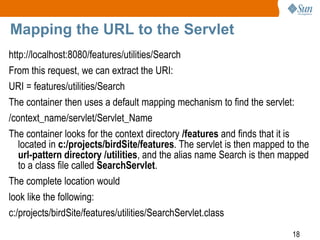 18
Mapping the URL to the Servlet
http://localhost:8080/features/utilities/Search
From this request, we can extract the URI:
URI = features/utilities/Search
The container then uses a default mapping mechanism to find the servlet:
/context_name/servlet/Servlet_Name
The container looks for the context directory /features and finds that it is
located in c:/projects/birdSite/features. The servlet is then mapped to the
url-pattern directory /utilities, and the alias name Search is then mapped
to a class file called SearchServlet.
The complete location would
look like the following:
c:/projects/birdSite/features/utilities/SearchServlet.class
 