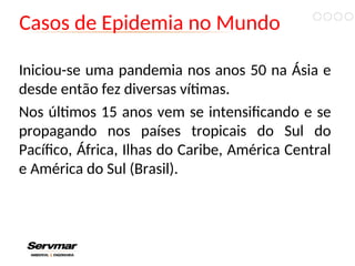 Casos de Epidemia no Mundo
Iniciou-se uma pandemia nos anos 50 na Ásia e
desde então fez diversas vítimas.
Nos últimos 15 anos vem se intensificando e se
propagando nos países tropicais do Sul do
Pacífico, África, Ilhas do Caribe, América Central
e América do Sul (Brasil).
 