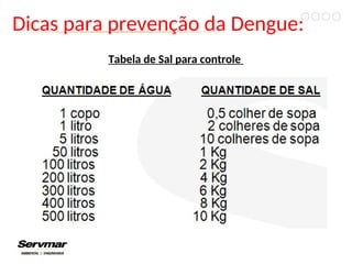 Dicas para prevenção da Dengue:
Tabela de Sal para controle
 