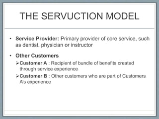 THE SERVUCTION MODEL
• Service Provider: Primary provider of core service, such
as dentist, physician or instructor
• Other Customers
Customer A : Recipient of bundle of benefits created
through service experience
Customer B : Other customers who are part of Customers
A’s experience
 
