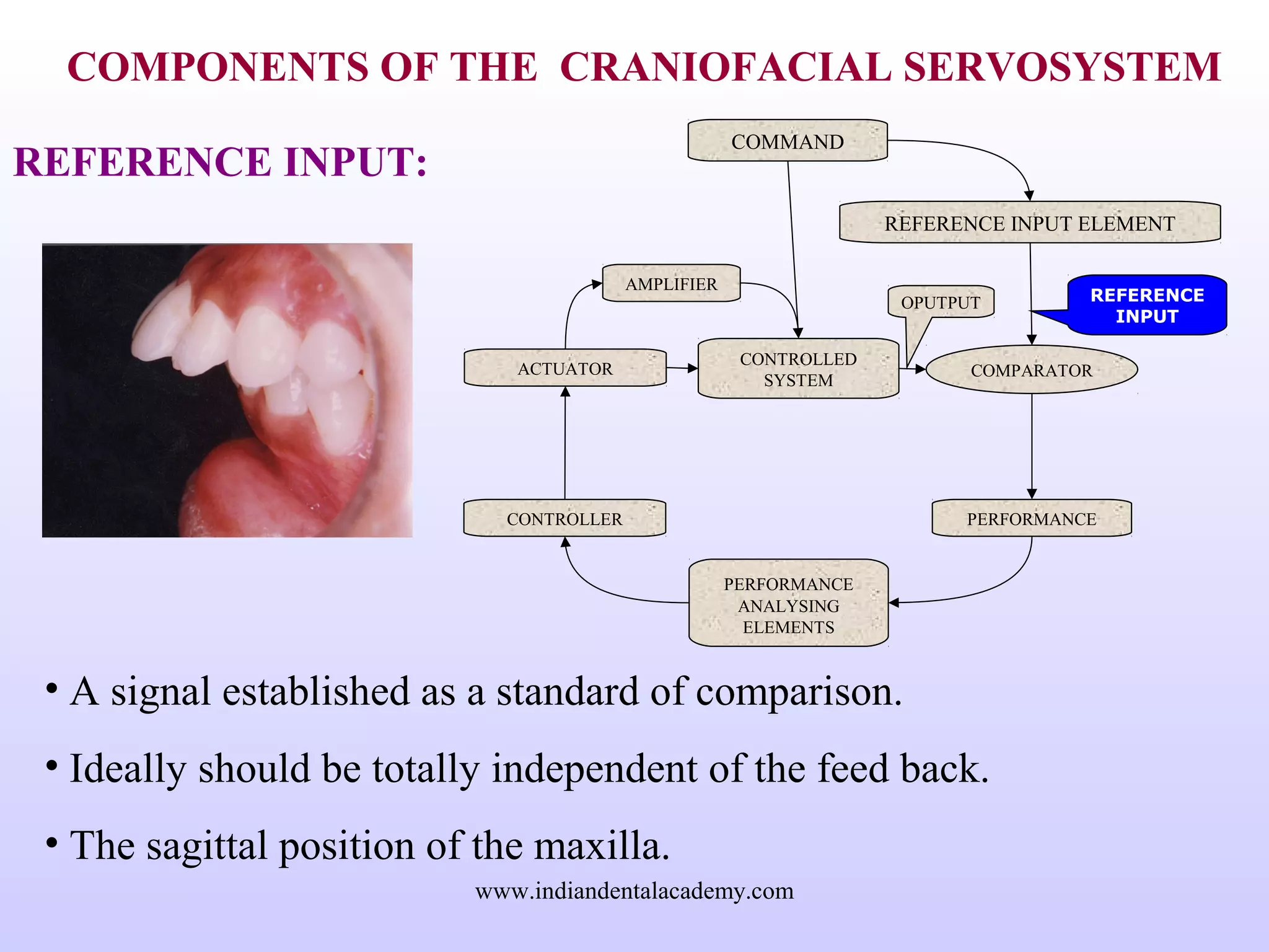 COMPONENTS OF THE CRANIOFACIAL SERVOSYSTEM
REFERENCE INPUT:
• A signal established as a standard of comparison.
• Ideally should be totally independent of the feed back.
• The sagittal position of the maxilla.
REFERENCE INPUT ELEMENT
COMPARATOR
COMMAND
PERFORMANCE
ANALYSING
ELEMENTS
CONTROLLED
SYSTEM
CONTROLLER
ACTUATOR
PERFORMANCE
AMPLIFIER
REFERENCE
INPUT
OPUTPUT
www.indiandentalacademy.com
 