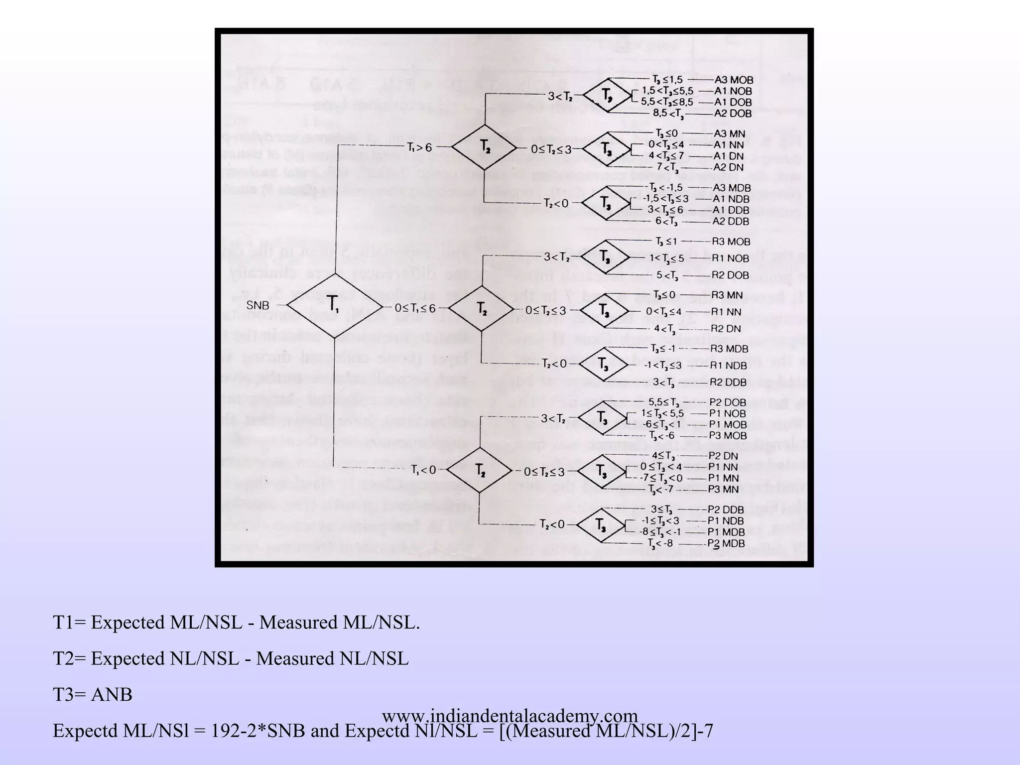 T1= Expected ML/NSL - Measured ML/NSL.
T2= Expected NL/NSL - Measured NL/NSL
T3= ANB
Expectd ML/NSl = 192-2*SNB and Expectd Nl/NSL = [(Measured ML/NSL)/2]-7
www.indiandentalacademy.com
 