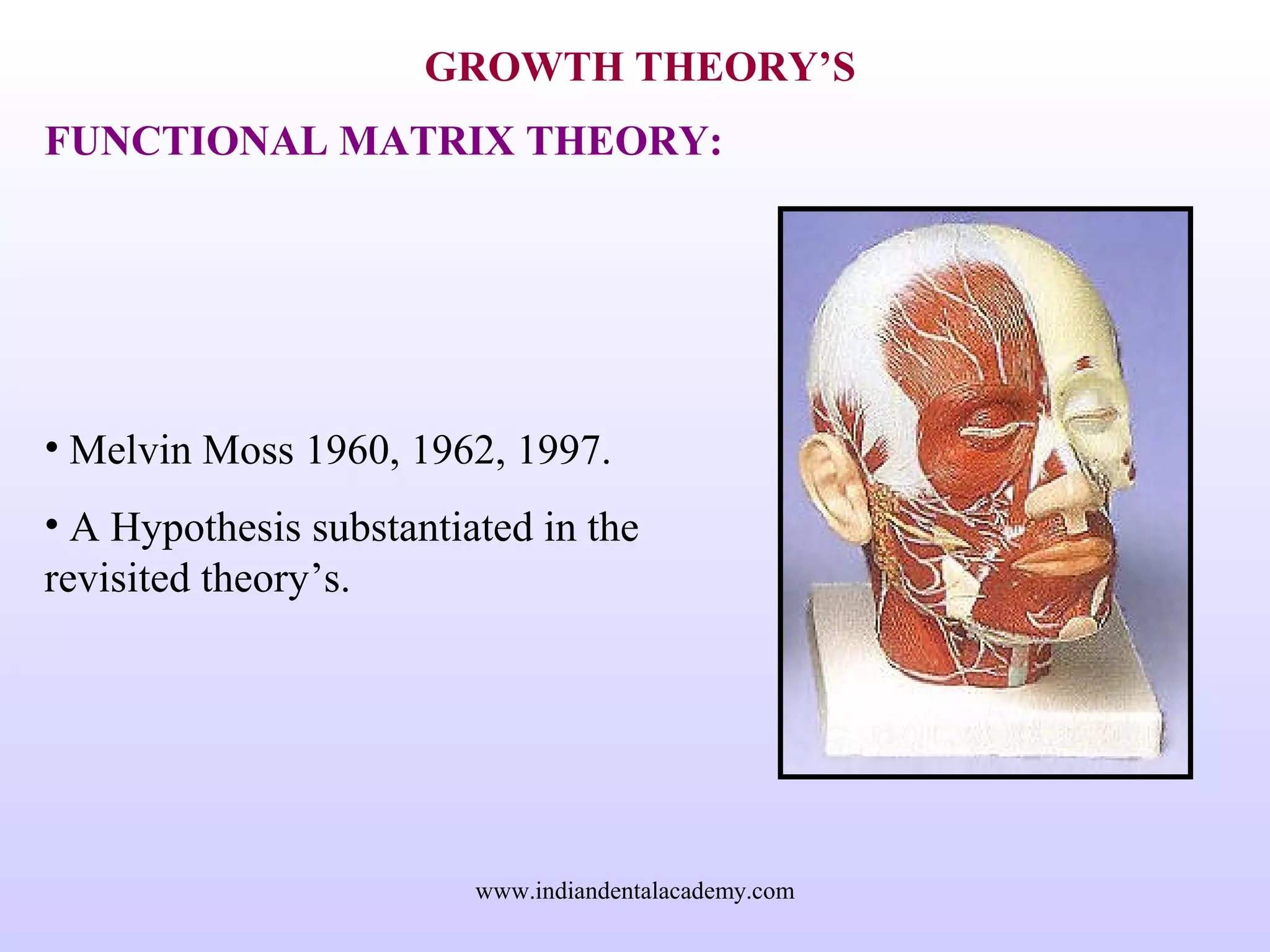 GROWTH THEORY’S
FUNCTIONAL MATRIX THEORY:
• Melvin Moss 1960, 1962, 1997.
• A Hypothesis substantiated in the
revisited theory’s.
www.indiandentalacademy.com
 