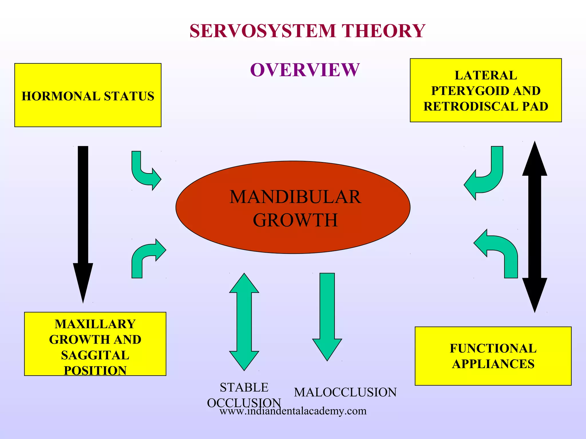 SERVOSYSTEM THEORY
OVERVIEW
MANDIBULAR
GROWTH
HORMONAL STATUS
MAXILLARY
GROWTH AND
SAGGITAL
POSITION
LATERAL
PTERYGOID AND
RETRODISCAL PAD
FUNCTIONAL
APPLIANCES
STABLE
OCCLUSION
MALOCCLUSION
www.indiandentalacademy.com
 