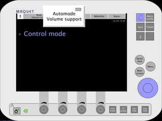 Control mode Additional settings Additional values Mode Volume Control Automode Volume support Admit patient Nebulizer Status O 2  conc. 30 PEEP 5 Resp. rate 15 Tidal volume 500 ml b/min cm H 2 O % Automode Volume support 