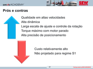Prós e contras
          Qualidade em altas velocidades
          Alta dinâmica
          Larga escala de ajuste e controle da rotação
          Torque máximo com motor parado
          Alta precisão de posicionamento



                   Custo relativamente alto
                   Não projetado para regime S1



                             17                Training made by SEW-EURODRIVE
 