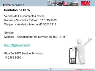 Contatos na SEW
Vendas de Equipamentos Novos
Ronnie – Vendedor Externo: 67 8115 5103
Weiglei - Vendedor Interno: 65 3621 2115


Service
Marcelo – Coordenador de Service: 65 3621 2115


filial.mt@sew.com.br

Plantão SEW Service 24 Horas
11 2489 9090



                                  61             Training made by SEW-EURODRIVE
 
