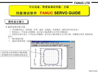 FANUC LTD
                 可以迅速、简便地调试伺服、主轴

       伺服调试软件 FANUC SERVO GUIDE

   图形显示窗口

  • 提供各种分析手段
     • 时间顺序显示（垂直轴：位置、速度、加速度、位置偏差、刚性攻丝同步误差）
    • 轨迹显示（不仅显示伺服轴，也可显示 Cs 轮廓方式中的主轴轨迹）
    • 形状误差放大显示（不仅显示伺服轴，也可显示 Cs 轮廓方式中的主轴、伺服轴之间的 轮廓形状
   误差）
   • 频率频谱分析
   • 速度环频率特性（波特图）




这里显示的是执行 Cs 轮廓
控制程序时出现的形状误差




                                                SERVO GUIDE -
 