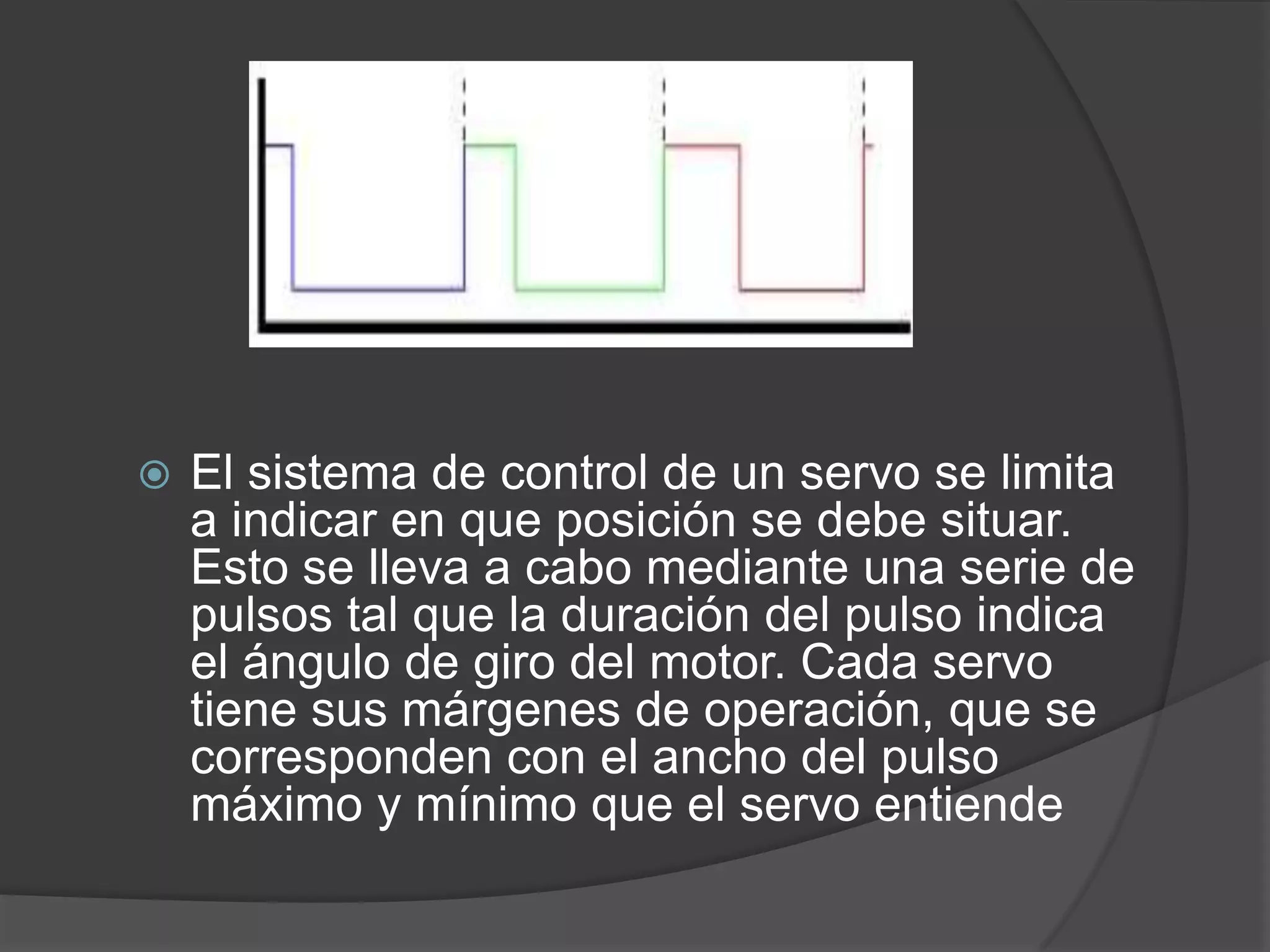 El sistema de control de un servo se limita a indicar en que posición se debe situar. Esto se lleva a cabo mediante una serie de pulsos tal que la duración del pulso indica el ángulo de giro del motor. Cada servo tiene sus márgenes de operación, que se corresponden con el ancho del pulso máximo y mínimo que el servo entiende