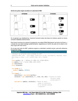 Guía servo motor Arduino 
Ingeniería MCI Ltda. – Luis Thayer Ojeda 0115 of 402, Providencia, Santiago, Chile 
www.olimex.cl Fono: + 56 2 3339579 Fax: +56 2 3350589 
6 
Ancho de pulso según pruebas en Laboratorio MCI 
DYS0209 DYS3003 
En el ejemplo que detallaremos, haremos funcionar estos dos tipos de motores usando la misma 
conexión detallada anteriormente. 
Para hacer funcionar los motores ocuparemos una salida PWM (Modulación de Ancho de Pulso), y 
a través de una señal análoga (potenciómetro), regularemos el ancho de pulso de la señal y con 
esto el giro del motor servo. 
En el caso del motor de 360º, podemos regular su velocidad y sentido de giro, para ello utilizamos 
el siguiente código. 
 