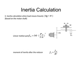 Inertia Calculation
M
1/R
PB
Linear motion part
moment of inertia after the reducer
2. Inertia calculation when load moves linearly ( ㎏ • ㎡ )
(Based on the motor shaft)
𝐽𝐾 =𝑀 ∙(
𝑃𝐵
2 𝜋
)
2
𝐽𝐿=
𝐽 𝐾
𝑅
2
 