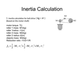 Inertia Calculation
3. Inertia calculation for belt drive ( ㎏ • ㎡ )
(Based on the motor shaft)
M3
M2
M1 r1 r2
motor torque T()
roller 1 mass M1(kg)
roller 1radius r1(m)
roller 2 mass M2(kg)
roller 2 radius r2(m)
objects mass M3(kg)
Reduction ratio r1/r2=1/R
𝐽𝐿=
1
2
∙ 𝑀1∙𝑟1
2
+
1
2
∙𝑀2 ∙𝑟1
2
+𝑀3 ∙𝑟 1
2
 