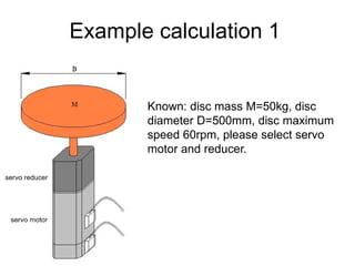 Example calculation 1
Known: disc mass M=50kg, disc
diameter D=500mm, disc maximum
speed 60rpm, please select servo
motor and reducer.
 