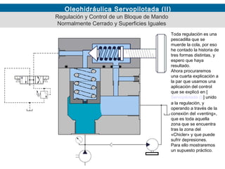 Oleohidráulica Servopilotada (II)
Toda regulación es una
pescadilla que se
muerde la cola, por eso
he contado la historia de
tres formas distintas, y
espero que haya
resultado.
Ahora procuraremos
una cuarta explicación a
la par que usamos una
aplicación del control
que se explicó en [
Servopilotada (I)] unido
a la regulación, y
operando a través de la
conexión del «venting»,
que es toda aquella
zona que se encuentra
tras la zona del
«Chicler» y que puede
sufrir depresiones.
Para ello mostraremos
un supuesto práctico.
Regulación y Control de un Bloque de Mando
Normalmente Cerrado y Superficies Iguales
 