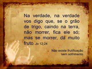 Na verdade, na verdade vos digo que, se o grão de trigo, caindo na terra, não morrer, fica ele só; mas se morrer, dá muito fruto. Jo 12:24 Não existe frutificação sem sofrimento