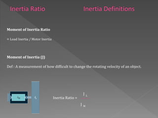 Moment of Inertia Ratio
= Load Inertia / Motor Inertia
Inertia Ratio =
L
J
M
J
Moment of Inertia (J)
Def : A measurement of how difficult to change the rotating velocity of an object.
 