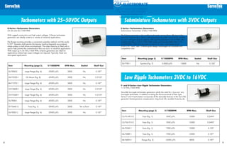 Subminiature Tachometers with 3VDC Outputs
Item Mounting (page 5) V/1000RPM RPM Max. Sealed Shaft Size
SU-780D-2 Large Flange (Fig. 6) 33VDC±5% 5000 No 0.187”
DA-7533D-1 DA Mount (Fig. 8) 45VDC±5% 5000 No 0.3125”
BA-7107D-1 Large Flange (Fig. 6) 45VDC±5% 5000 No 0.187”
CN-7480D-1 Large Flange (Fig. 6) 45VDC±5% 5000 No 0.3125”
CN-7546D-1 Large Flange (Fig. 6) 45VDC±5% 5000 No 0.3125”
SU-780D-1 Large Flange (Fig. 6) 45VDC±5% 5000 No 0.187”
ST-7346D-1J Face (Fig. 1) 50VDC±5% 5000 Yes w/boot 0.187”
SU-780D-1J Large Flange (Fig. 6) 50VDC±5% 5000 No 0.187”
98
Tachometers with 25–50VDC Outputs
D-Series—Tachometer Generators
25–50 volts DC/1000 RPM
With rugged construction and high output voltages, D-Series tachometer
generators are ideally suited to a variety of industrial applications.
The flange mounting provides a convenient assembly method, and the sturdy
0.187” diameter shaft permits the heavier loading frequently encountered
where pulleys or belt drives are employed. The output bearing is fitted with a
seal to help prevent the contamination that can occur in industrial applications.
With output up to 50 VDC/1000 RPM, D-Series generators are ideal for
applications where high output voltages are required. Typically, these are
slow-speed applications.
Item Mounting (page 5) V/1000RPM RPM Max. Sealed Shaft Size
SS-779E-1 Synchro (Fig. 7) 3.0VDC±5% 12000 No 0.120”
E-Series—Tachometers Generators
Subminiature Tachometer 3 VDC/1000 RPM
The E-Series generator is the smallest tachometer among those offering similar
technical characteristics. Many outstanding features make it particularly suitable
for use in all types of servo systems. Although the diameter is only 0.760”, the
E-Series provides a 3 VDC/1000 RPM output and linearity better than 0.1%
at 3600 RPM. With driving torque of only 0.25 oz-in., and inertia of just
0.25 x 10–4
oz-in. -sec2
. E-Series gives design advantages not available with
competitive units.
Low Ripple Tachometers 3VDC to 16VDC
F- and H-Series—Low Ripple Tachometer Generators
1–16 VDC/1000 RPM
ServoTek low-ripple tachometer generators satisfy the need for a low-cost, very
low-ripple tachometer. In addition to being the first economical of their type,
Series F and H tachometers incorporate all the desirable features of the ServoTek
generator line-temperature compensation, long brush life, excellent linearity, etc.
Item Mounting (page 5) V/1000RPM RPM Max. Shaft Size
CS-7514F-51C Face (Fig. 1) 3VDC±3% 12000 0.2495”
CS-7561F-51C Face (Fig. 1) 3VDC±3% 12000 0.2495”
SA-7356F-1 Face (Fig. 1) 7VDC±3% 12000 0.120”
SA-7388F-1 Face (Fig. 1) 7VDC±3% 12000 0.187”
SB-7483H-1 Flange (Fig. 2) 16VDC±3% 8000 0.187”
ELECTROMATE
Toll Free Phone (877) SERVO98
Toll Free Fax (877) SERV099
www.electromate.com
sales@electromate.com
Sold & Serviced By:
 