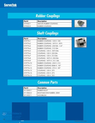 Part# Description
ST-9502-1 SILICON RUBBER COUPLING
ST-9502-2 RUBBER COUPLING
Part# Description
ST-9776-1 RUBBER COUPLING .120 X .120
ST-9776-2 RUBBER COUPLING .1875 X .1875
ST-9776-3 RUBBER COUPLING .250 DIA. 1/4”
ST-9776-4 RUBBER COUPLING .312 DIA.
ST-9776-5 COUPLING .120 X .1875 DIA.
ST-9776-6 COUPLING .120 X .250 DIA.
ST-9776-7 COUPLING .120 X .312 DIA.
ST-9776-8 COUPLING .1875 X .250 DIA.
ST-9776-9 COUPLING .1875 X .312. DIA.
ST-9776-10 RUBBER COUPLING .250 X .312
ST-9776-11 RUBBER COUPLING 8MM X .187
ST-9776-12 RUBBER COUPLING .375 X .187
ST-9776-13 COUPLING .120 X .375
ST-9776-14 COUPLING .250 X .375
ST-9776-15 COUPLING .120 X .355
Part# Description
ST-13063-1 RUBBER BOOT
ST-13063-2 BOOT-SILICONE RUBBER, GRAY
ST-13927-1 ASSY-BRUSH
Rubber Couplings
Shaft Couplings
Common Parts
16
LTSTRC900 -1013/1000
ELECTROMATE
Toll Free Phone (877) SERVO98
Toll Free Fax (877) SERV099
www.electromate.com
sales@electromate.com
Sold & Serviced By:
 
