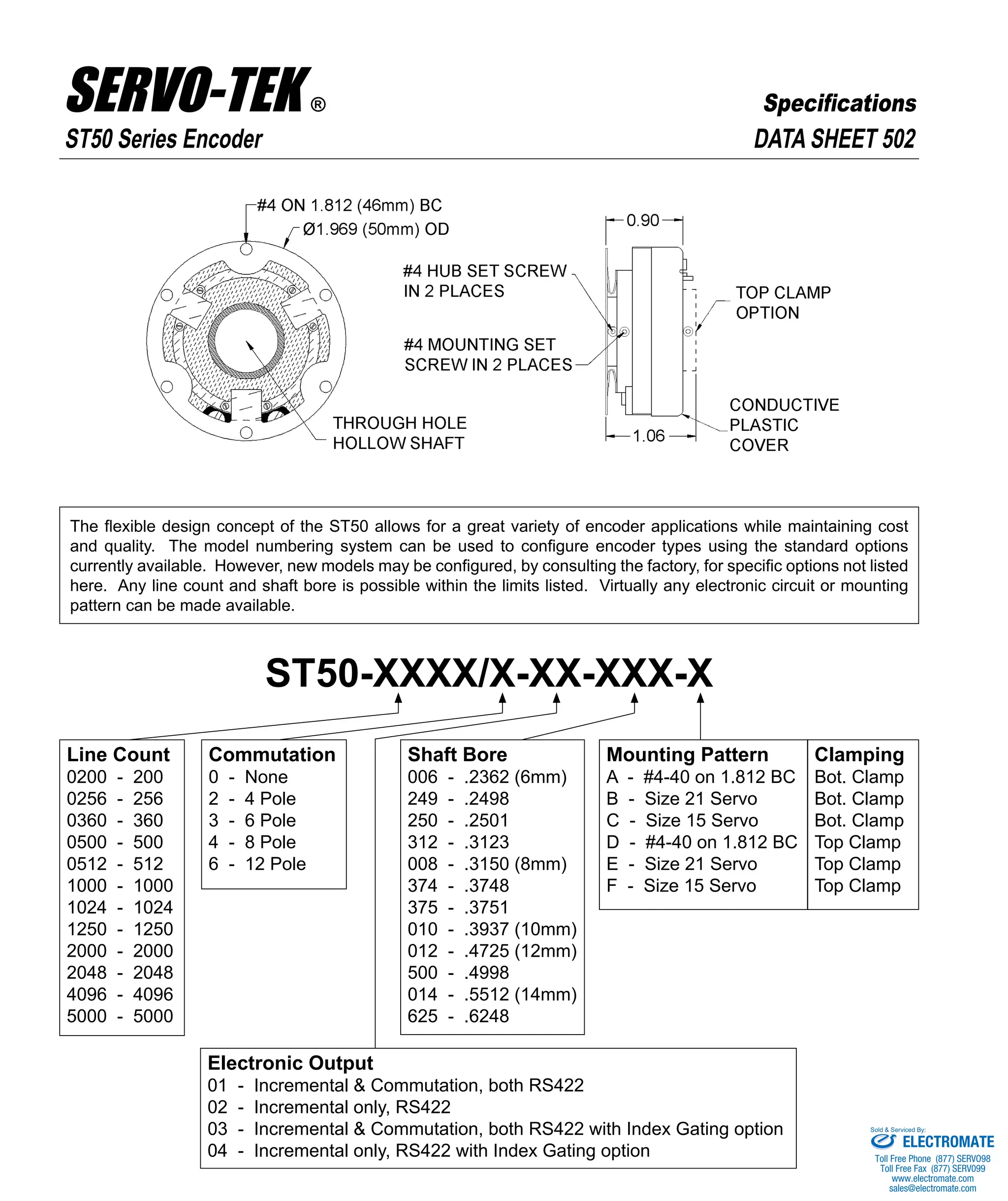 DATA SHEET 502
ST50-XXXX/X-XX-XXX-X
The flexible design concept of the ST50 allows for a great variety of encoder applications while maintaining cost
and quality. The model numbering system can be used to configure encoder types using the standard options
currently available. However, new models may be configured, by consulting the factory, for specific options not listed
here. Any line count and shaft bore is possible within the limits listed. Virtually any electronic circuit or mounting
pattern can be made available.
Line Count
0200 - 200
0256 - 256
0360 - 360
0500 - 500
0512 - 512
1000 - 1000
1024 - 1024
1250 - 1250
2000 - 2000
2048 - 2048
4096 - 4096
5000 - 5000
Commutation
0 - None
2 - 4 Pole
3 - 6 Pole
4 - 8 Pole
6 - 12 Pole
Shaft Bore
006 - .2362 (6mm)
249 - .2498
250 - .2501
312 - .3123
008 - .3150 (8mm)
374 - .3748
375 - .3751
010 - .3937 (10mm)
012 - .4725 (12mm)
500 - .4998
014 - .5512 (14mm)
625 - .6248
Mounting Pattern
A - #4-40 on 1.812 BC
B - Size 21 Servo
C - Size 15 Servo
D - #4-40 on 1.812 BC
E - Size 21 Servo
F - Size 15 Servo
Electronic Output
01 - Incremental & Commutation, both RS422
02 - Incremental only, RS422
03 - Incremental & Commutation, both RS422 with Index Gating option
04 - Incremental only, RS422 with Index Gating option
Clamping
Bot. Clamp
Bot. Clamp
Bot. Clamp
Top Clamp
Top Clamp
Top Clamp
ST50 Series Encoder
SERVO-TEK PRODUCTS COMPANY • 1086 Goffle Road, Hawthorne, NJ 07506 • Phone: 973-427-3100 • Fax: 973-427-4249
Email: sales@servotek.com • Website: www.servotek.com
SpecificationsSERVO-TEK ®
ELECTROMATE
Toll Free Phone (877) SERVO98
Toll Free Fax (877) SERV099
www.electromate.com
sales@electromate.com
Sold & Serviced By:
 