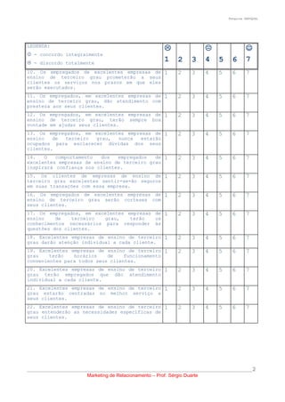 Pesquisa SERVQUAL




LEGENDA:
                                                                                               
 - concordo integralmente
 - discordo totalmente
                                                           1 2         3     4 5         6       7
10. Os empregados de excelentes empresas de 1                    2     3     4    5      6       7
ensino de terceiro grau prometerão a seus
clientes os serviços nos prazos em que eles
serão executados.
11. Os empregados, em excelentes empresas de 1                   2     3     4    5      6       7
ensino de terceiro grau, dão atendimento com
presteza aos seus clientes.
12. Os empregados, em excelentes empresas de 1                   2     3     4    5      6       7
ensino de terceiro grau, terão sempre boa
vontade em ajudar seus clientes.
13. Os empregados, em excelentes empresas de 1                   2     3     4    5      6       7
ensino   de  terceiro grau,   nunca  estarão
ocupados para esclarecer dúvidas dos seus
clientes.
14.   O   comportamento  dos   empregados   de 1                 2     3     4    5      6       7
excelentes empresas de ensino de terceiro grau
inspirará confiança nos clientes.
15. Os clientes de empresas de ensino de 1                       2     3     4    5      6       7
terceiro grau excelentes sentir-se-ão seguros
em suas transações com essa empresa.
16. Os empregados de excelentes empresas de 1                    2     3     4    5      6       7
ensino de terceiro grau serão corteses com
seus clientes.
17. Os empregados, em excelentes empresas de 1                   2     3     4    5      6       7
ensino    de   terceiro   grau,   terão   os
conhecimentos necessários para responder às
questões dos clientes.
18. Excelentes empresas de ensino de terceiro 1                  2     3     4    5      6       7
grau darão atenção individual a cada cliente.
19. Excelentes empresas de ensino de terceiro 1                  2     3     4    5      6       7
grau    terão   horários    de    funcionamento
convenientes para todos seus clientes.
20. Excelentes empresas de ensino de terceiro 1                  2     3     4    5      6       7
grau terão empregados que dão atendimento
individual a cada cliente.
21. Excelentes empresas de ensino de terceiro 1                  2     3     4    5      6       7
grau estarão centradas no melhor serviço a
seus clientes.
22. Excelentes empresas de ensino de terceiro 1                  2     3     4    5      6       7
grau entenderão as necessidades específicas de
seus clientes.




__________________________________________________________________________________________________2
                         Marketing de Relacionamento – Prof. Sérgio Duarte
 