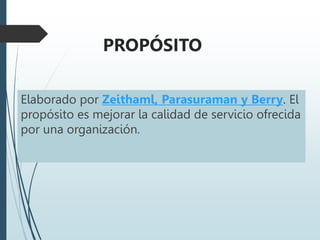 Elaborado por Zeithaml, Parasuraman y Berry. El
propósito es mejorar la calidad de servicio ofrecida
por una organización.
PROPÓSITO
 