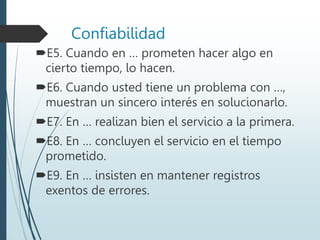 Confiabilidad
E5. Cuando en … prometen hacer algo en
cierto tiempo, lo hacen.
E6. Cuando usted tiene un problema con …,
muestran un sincero interés en solucionarlo.
E7. En … realizan bien el servicio a la primera.
E8. En … concluyen el servicio en el tiempo
prometido.
E9. En … insisten en mantener registros
exentos de errores.
 