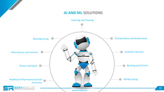 19
AI AND ML SOLUTIONS
Healthcare Pharmaceutical and
insurance
Fitness and Sport
Data Science and Humans
Manufacturing
Learning and Training
Transportation and Automotive
Customer Services
Banking and Fintech
HR Recruiting
www.servreality.com
 