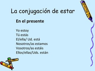 La conjugación de estar
 En el presente
 Yo estoy
 Tú estás
 El/ella/ Ud. está
 Nosotros/as estamos
 Vosotros/as estáis
 Ellos/ellas/Uds. están
 